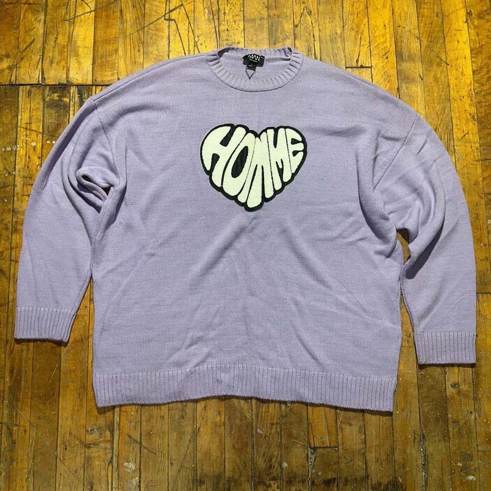 Homme Heart‎ Towelling Badge BoohooMAN Sweater Mens Large Lilac Knitted Pullover
